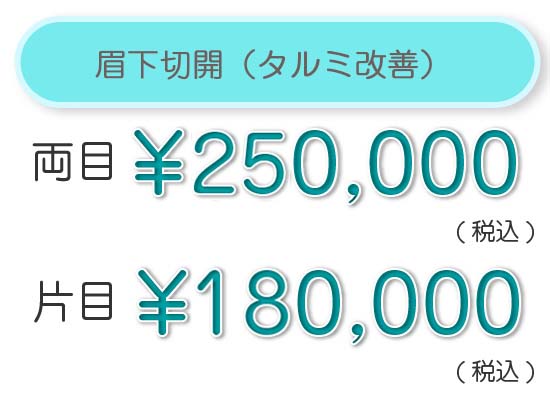 眉下切開（タルミ改善）　スッキリ1年保証 両目　¥250,000（税込）　片側　¥1300,000（税込）
